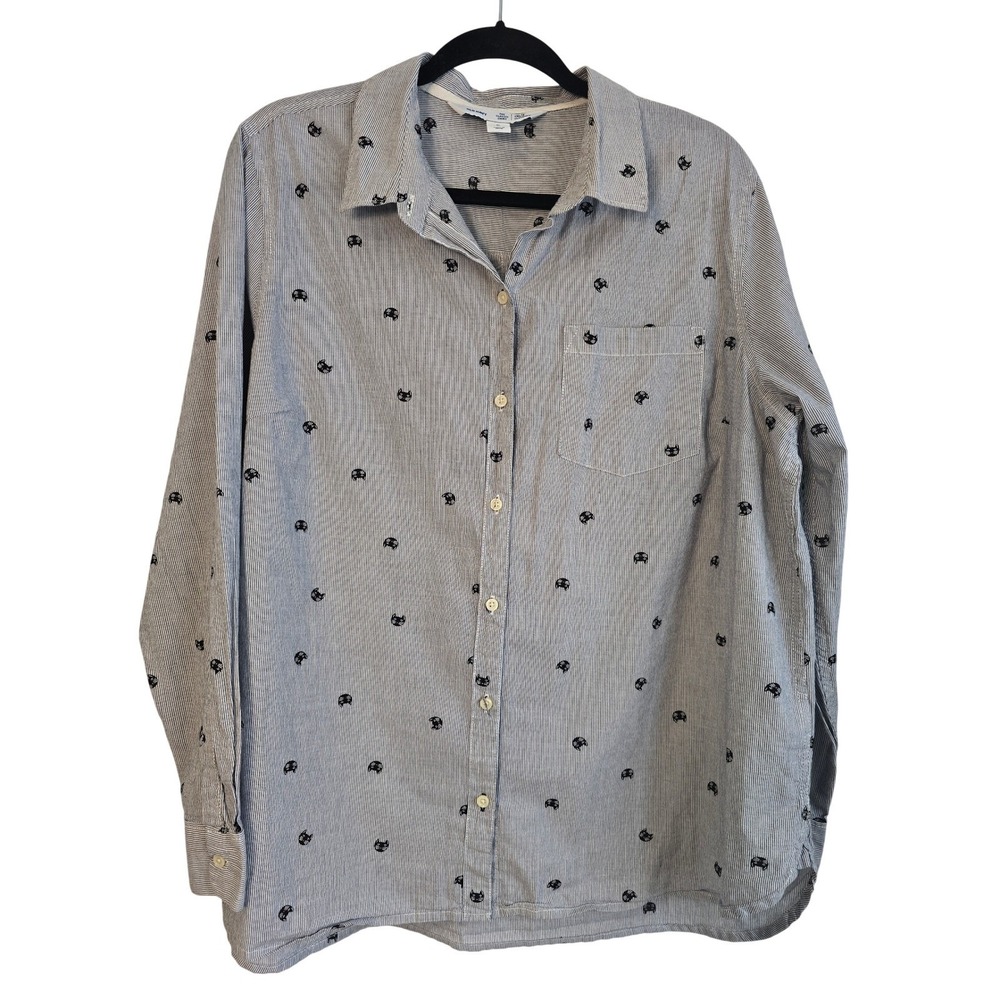 Old Navy Classic Shirt Womens XL Blue White Striped Black Cat Print Button Down‎